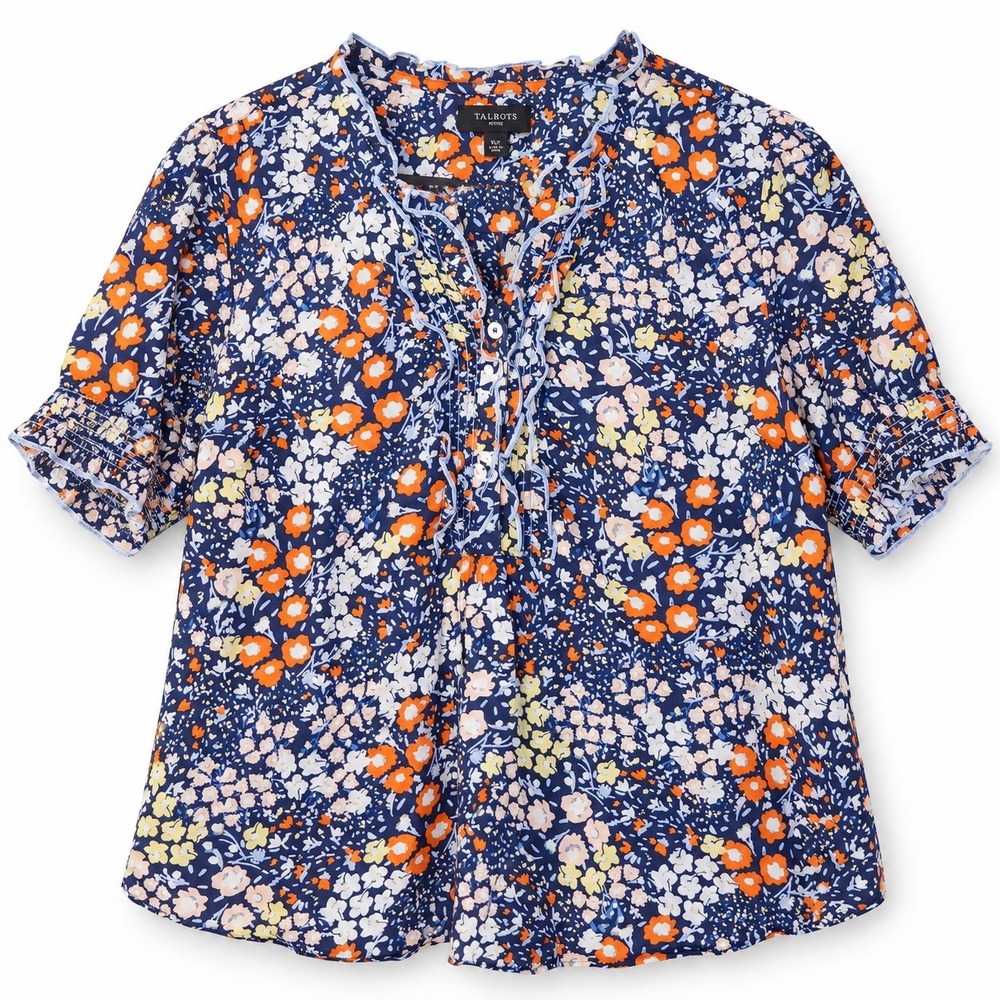 Talbots Floral Blouse Womens XLP Navy Orange Excellent Boho Ruffle Cotton Top